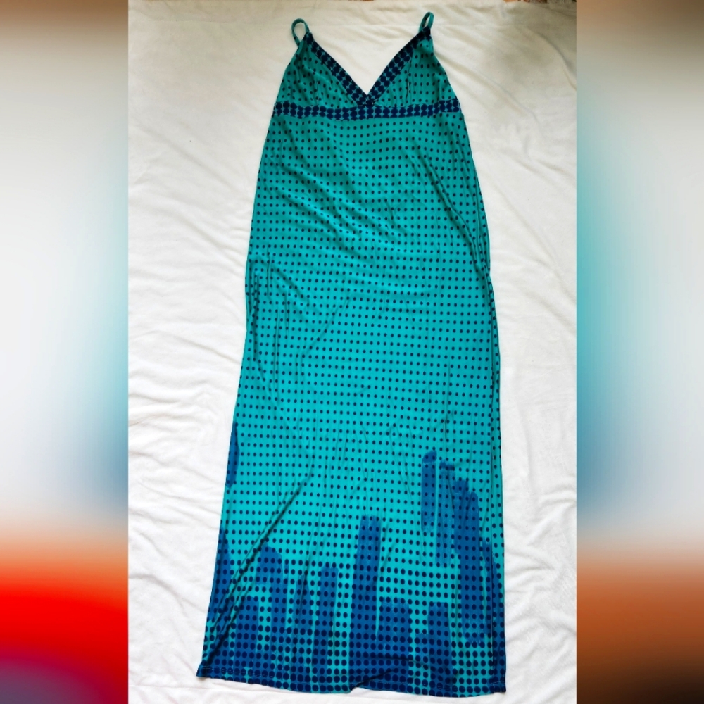 Diesel Maxi Sundress - Teal w/ Navy polkadots and brush stroke design: Size L